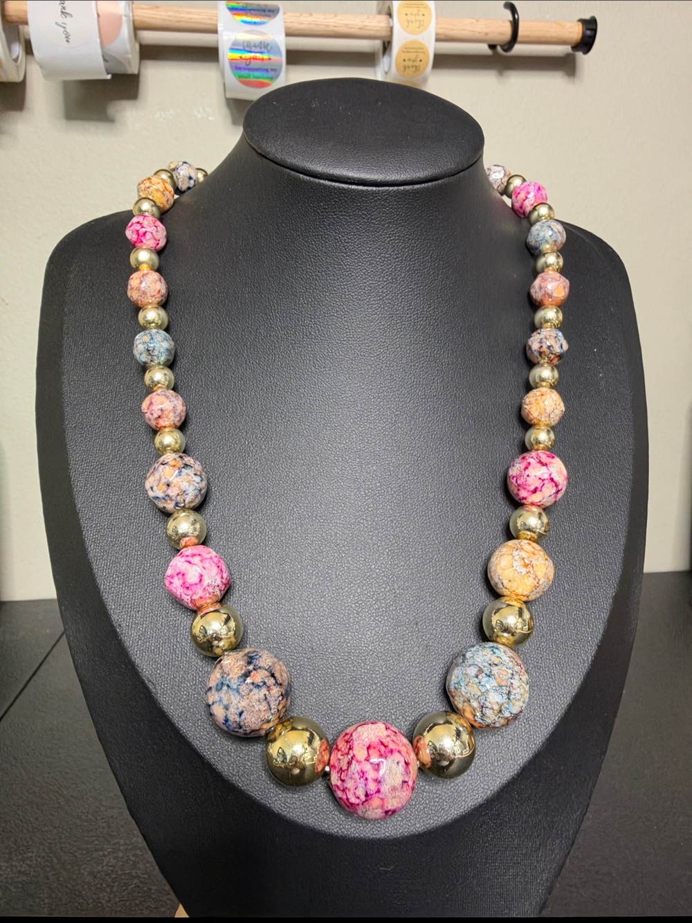 Vintage Multicolor Marble Acrylic Bead Statement Necklace with Gold Accents